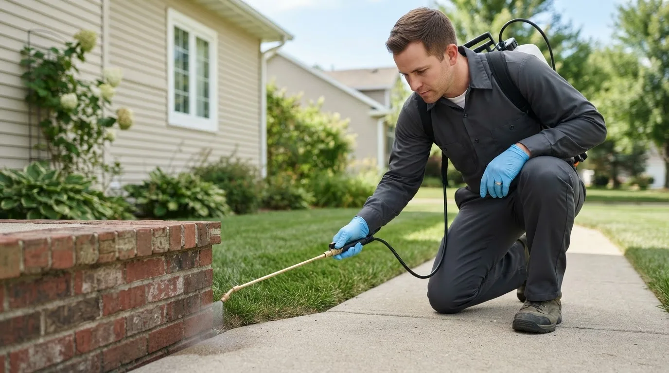 Pest control technician treating a home near Owatonna, MN