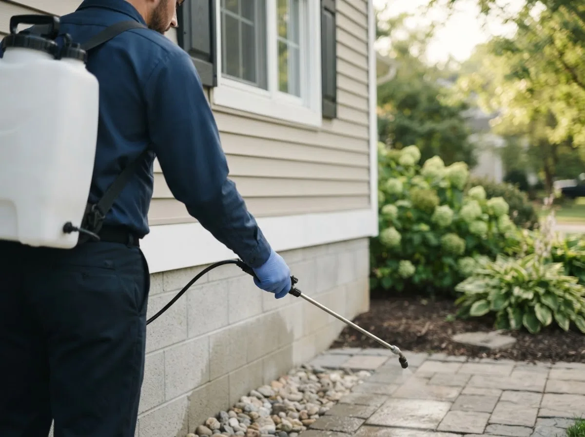 Pest control technician inspecting a home in Owatonna, MN